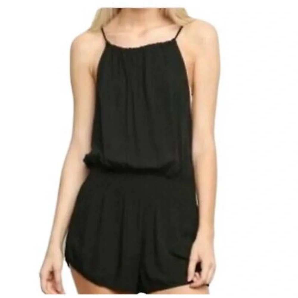 Brandy Melville Black High Neck Smocked Waist Spaghetti Strap Romper One Size